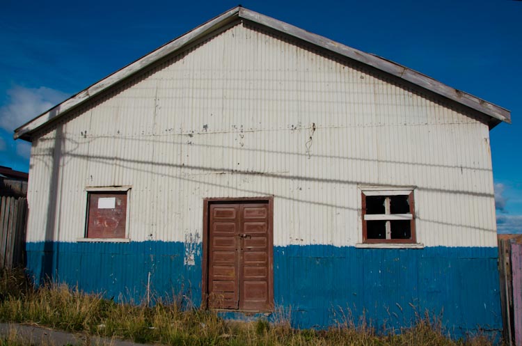 bright blue garage, in puerto natales, chile