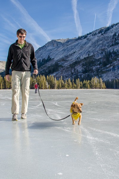 Winter in Yosemite. Walking on frozen Tenaya Lake.